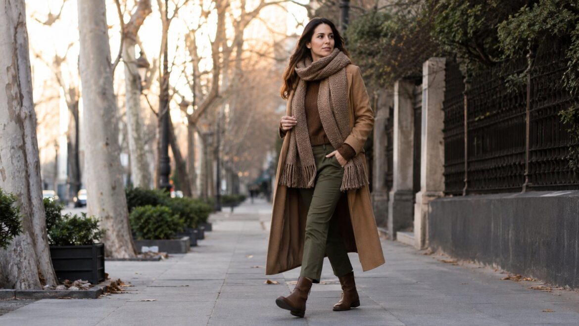 Mujer con abrigo camel y bufanda caminando en invierno