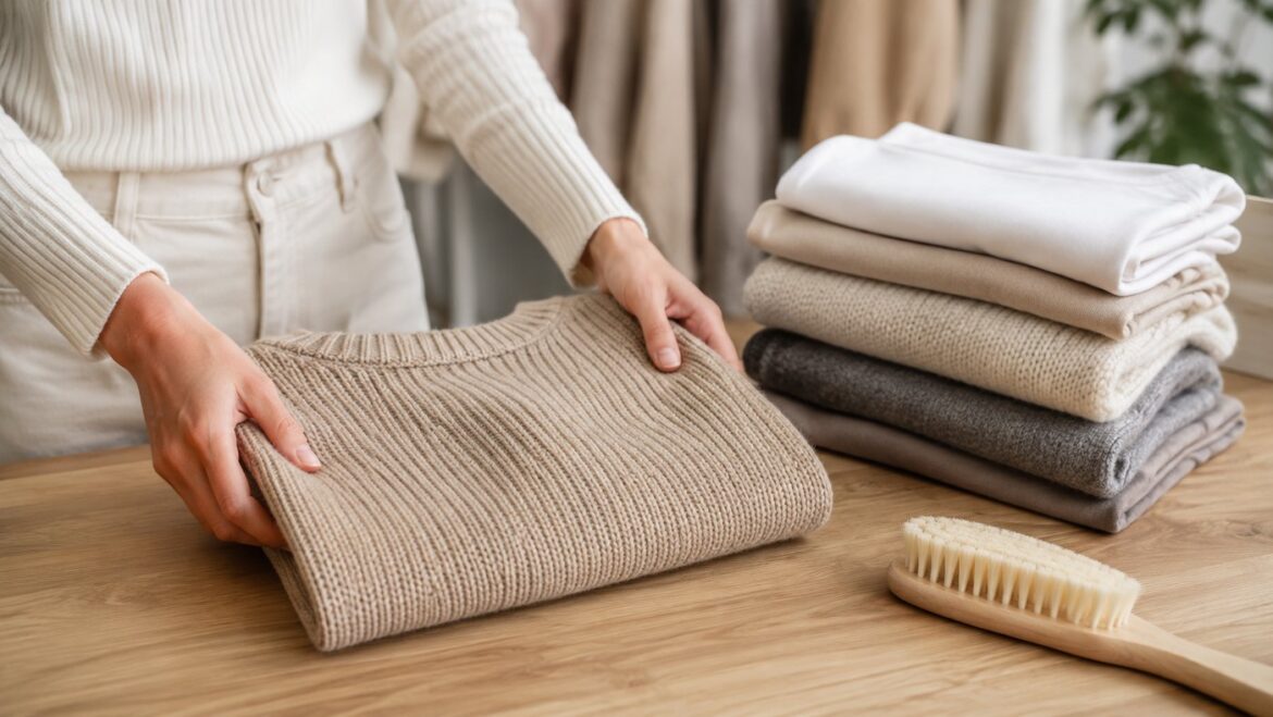 Manos doblando un sueter beige junto a prendas ordenadas