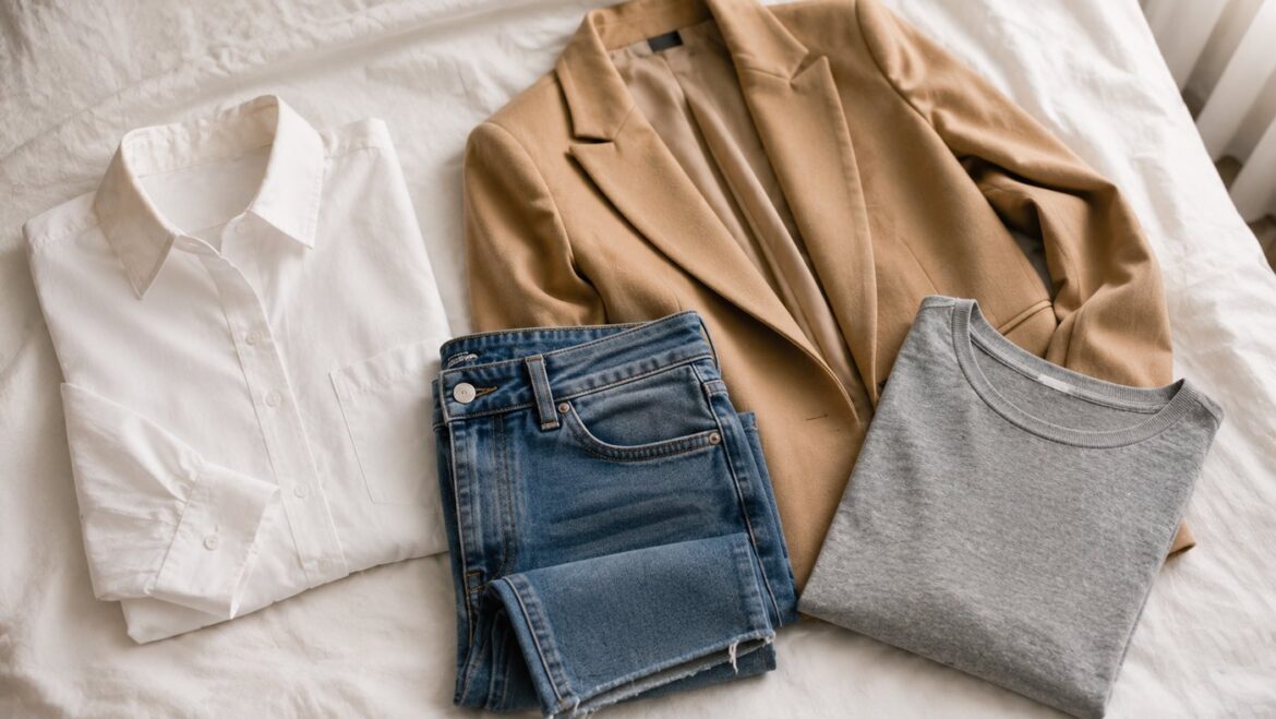 Camisa blanca, jean, blazer camel y polera gris