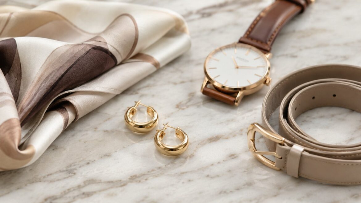 Panuelo de seda, aros dorados, reloj y cinturon sobre marmol